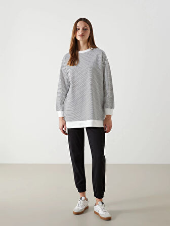LCW Modest Siyah Çizgili Oversize Kadın Sweatshirt Tunik