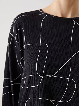 LCWAIKIKI Classic Ekru Bisiklet Yaka Desenli Oversize Kadın Tişört