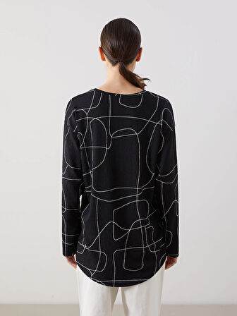 LCWAIKIKI Classic Ekru Bisiklet Yaka Desenli Oversize Kadın Tişört