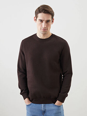 LCWAIKIKI Basic Kahverengi Bisiklet Yaka Uzun Kollu Baskılı Erkek Sweatshirt