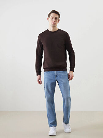 LCWAIKIKI Basic Kahverengi Bisiklet Yaka Uzun Kollu Baskılı Erkek Sweatshirt