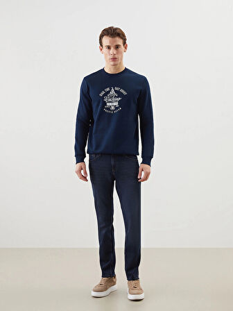 LCWAIKIKI Classic Lacivert Bisiklet Yaka Baskılı Erkek Kalın Sweatshirt