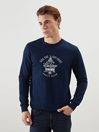 LCWAIKIKI Classic Lacivert Bisiklet Yaka Baskılı Erkek Kalın Sweatshirt