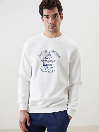LCWAIKIKI Classic Ekru Bisiklet Yaka Baskılı Erkek Kalın Sweatshirt