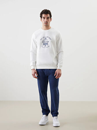 LCWAIKIKI Classic Ekru Bisiklet Yaka Baskılı Erkek Kalın Sweatshirt