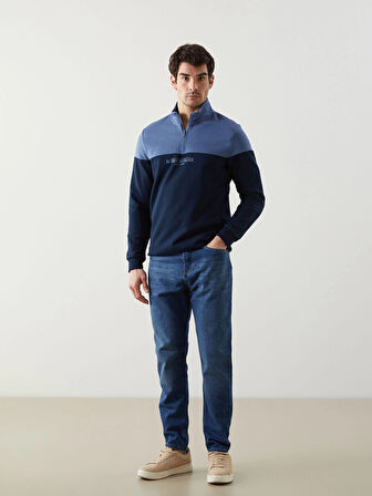 LCWAIKIKI Classic Lacivert Dik Yaka Uzun Kollu Renk Bloklu Erkek Sweatshirt