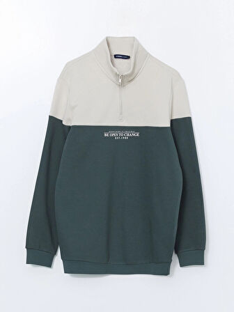 LCWAIKIKI Classic Yeşil Dik Yaka Uzun Kollu Renk Bloklu Erkek Sweatshirt