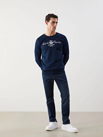 LCWAIKIKI Classic Lacivert Bisiklet Yaka Baskılı Erkek Kalın Sweatshirt