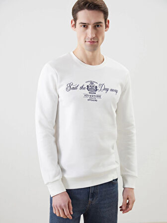 LCWAIKIKI Classic Ekru Bisiklet Yaka Baskılı Erkek Kalın Sweatshirt