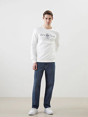 LCWAIKIKI Classic Ekru Bisiklet Yaka Baskılı Erkek Kalın Sweatshirt