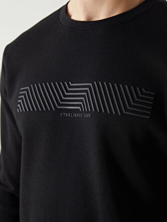 LCWAIKIKI Classic Siyah Bisiklet Yaka Baskılı Erkek Kalın Sweatshirt