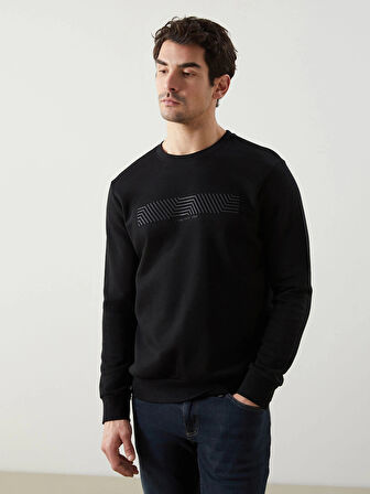 LCWAIKIKI Classic Siyah Bisiklet Yaka Baskılı Erkek Kalın Sweatshirt