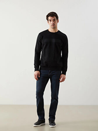 LCWAIKIKI Classic Siyah Bisiklet Yaka Baskılı Erkek Kalın Sweatshirt