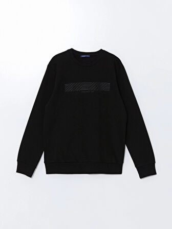 LCWAIKIKI Classic Siyah Bisiklet Yaka Baskılı Erkek Kalın Sweatshirt