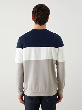 LCWAIKIKI Classic Bej Bisiklet Yaka Uzun Kollu Renk Bloklu Erkek Sweatshirt