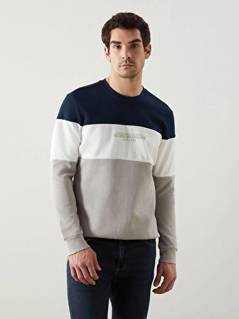 LCWAIKIKI Classic Bej Bisiklet Yaka Uzun Kollu Renk Bloklu Erkek Sweatshirt