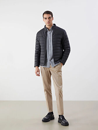 LCW Vision Siyah Slim Fit Dik Yaka Erkek Deri Görünümlü Mont