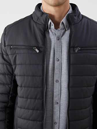 LCW Vision Siyah Slim Fit Dik Yaka Erkek Deri Görünümlü Mont