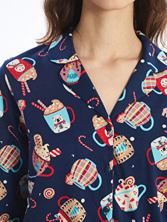 LCW Young LACİVERT Gömlek Yaka Baskılı Kadın Pijama Takımı