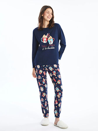 LCW Young LACİVERT Bisiklet Yaka Baskılı Kadın Pijama Takımı