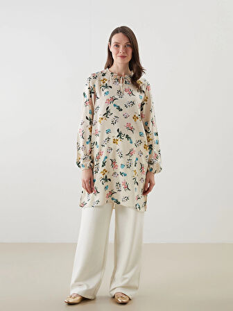 LCW Grace Bej Bağlamalı Yaka Çiçekli Kadın Tunik