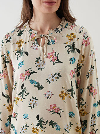 LCW Grace Bej Bağlamalı Yaka Çiçekli Kadın Tunik