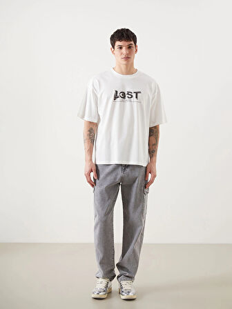 XSIDE Ekru Bisiklet Yaka Kısa Kollu Baskılı Penye Erkek Tişört