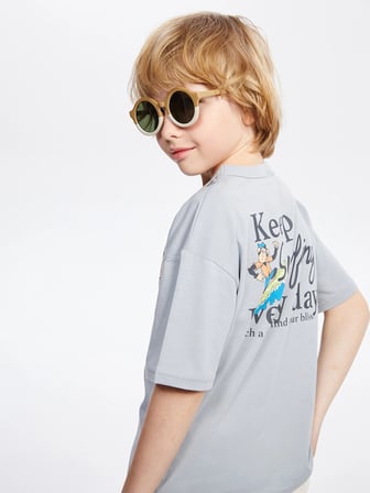 LCW Kids Gri Bisiklet Yaka Nostaljik Maymun Baskılı Erkek Çocuk Tişört