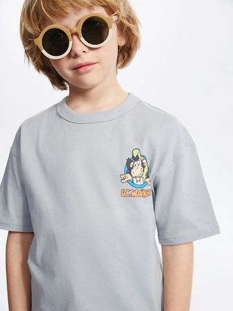 LCW Kids Gri Bisiklet Yaka Nostaljik Maymun Baskılı Erkek Çocuk Tişört