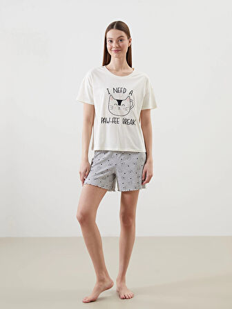 LCW DREAM Gri Bisiklet Yaka Baskılı Kadın Şortlu Pijama Takımı
