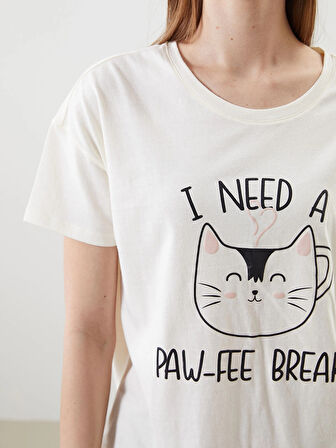 LCW DREAM Gri Bisiklet Yaka Baskılı Kadın Şortlu Pijama Takımı