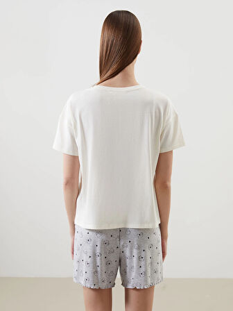 LCW DREAM Gri Bisiklet Yaka Baskılı Kadın Şortlu Pijama Takımı