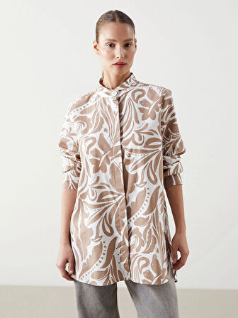 LCWAIKIKI Classic Bej Hakim Yaka Desenli Kadın Gömlek Tunik
