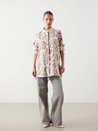 LCWAIKIKI Classic Bej Hakim Yaka Desenli Kadın Gömlek Tunik