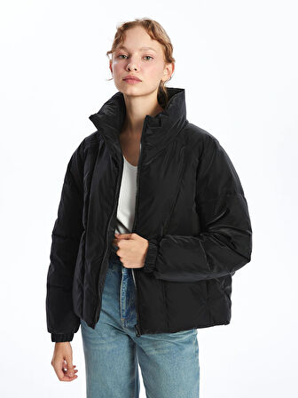 LCW Vision Siyah Dik Yaka Oversize Deri Görünümlü Kadın Şişme Mont