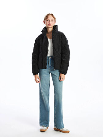 LCW Vision Siyah Dik Yaka Oversize Deri Görünümlü Kadın Şişme Mont