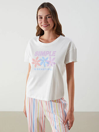 LCW DREAM Mercan Bisiklet Yaka Baskılı Kadın Pijama Takımı