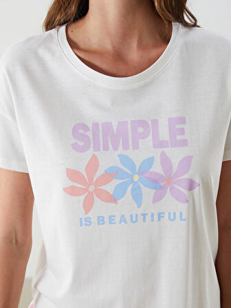 LCW DREAM Mercan Bisiklet Yaka Baskılı Kadın Pijama Takımı