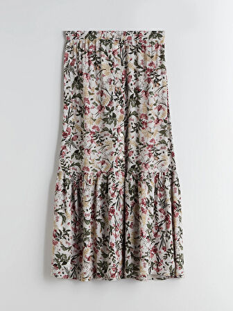 LCW Grace Bej Beli Lastikli Çiçekli A Kesim Etek