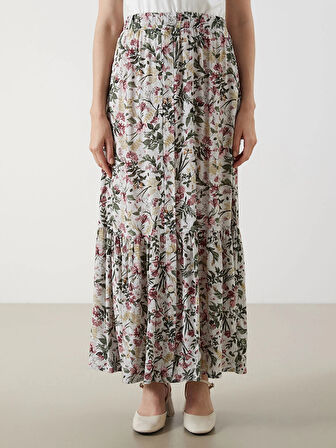 LCW Grace Bej Beli Lastikli Çiçekli A Kesim Etek