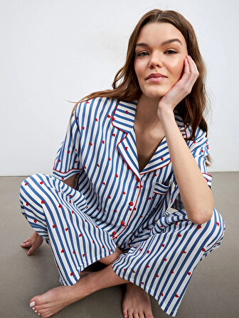 LCW DREAM Indigo Gömlek Yaka Desenli Kadın Pijama Takımı