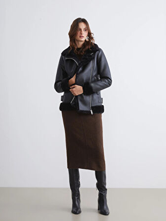 LCW Vision Siyah Biker Yaka Kadın Deri Görünümlü Mont