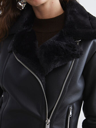 LCW Vision Siyah Biker Yaka Kadın Deri Görünümlü Mont