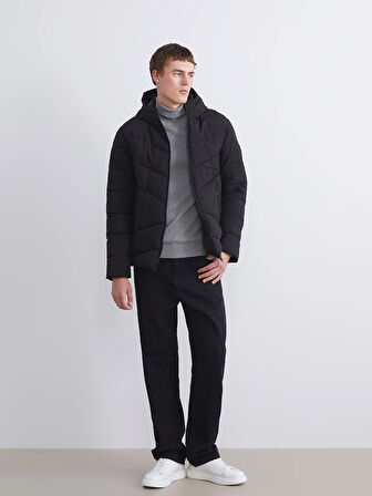 XSIDE Siyah Standart Kalıp Kapüşonlu Erkek Şişme Mont