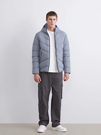 XSIDE Gri Standart Kalıp Kapüşonlu Erkek Şişme Mont