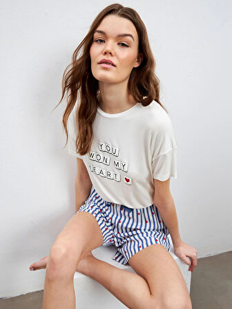 LCW DREAM Indigo Bisiklet Yaka Baskılı Kadın Şortlu Pijama Takımı