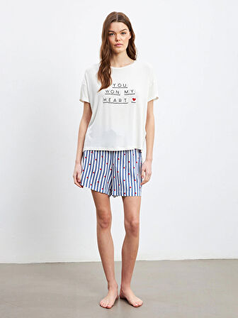 LCW DREAM Indigo Bisiklet Yaka Baskılı Kadın Şortlu Pijama Takımı