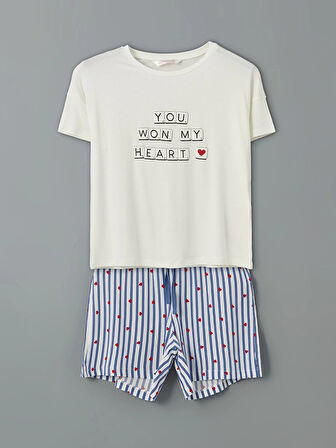 LCW DREAM Indigo Bisiklet Yaka Baskılı Kadın Şortlu Pijama Takımı