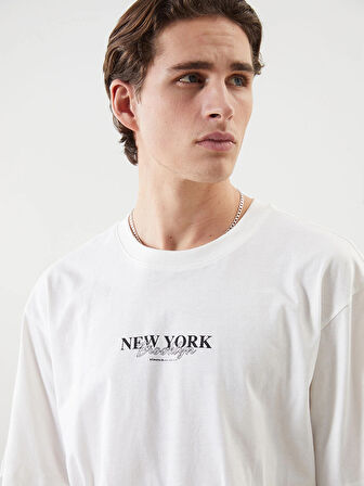 XSIDE Ekru Bisiklet Yaka New York Baskılı Penye Erkek Tişört