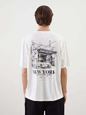 XSIDE Ekru Bisiklet Yaka New York Baskılı Penye Erkek Tişört